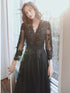 Black Tulle with Lace Long Sleeves A-line Prom Dress, Black Evening Dress Party Dress